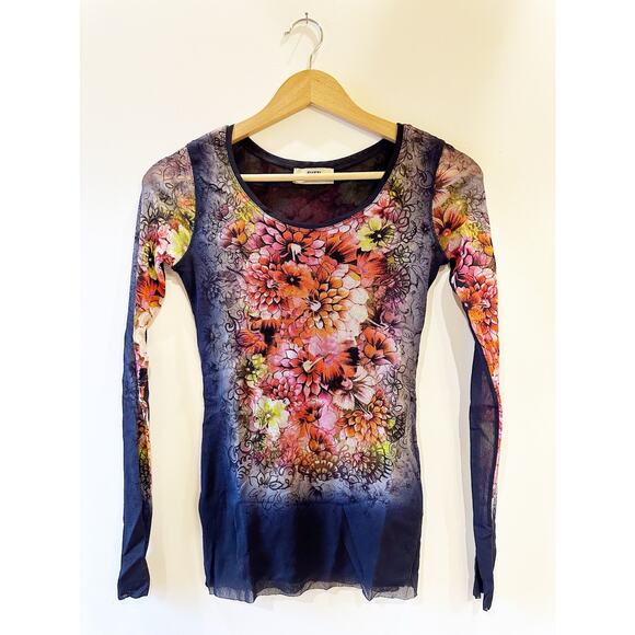NWOT FUZZI Floral Y2K Sheer Long Sleeve Scoop Neck Multicolor Double Lined Top - Picture 1 of 8